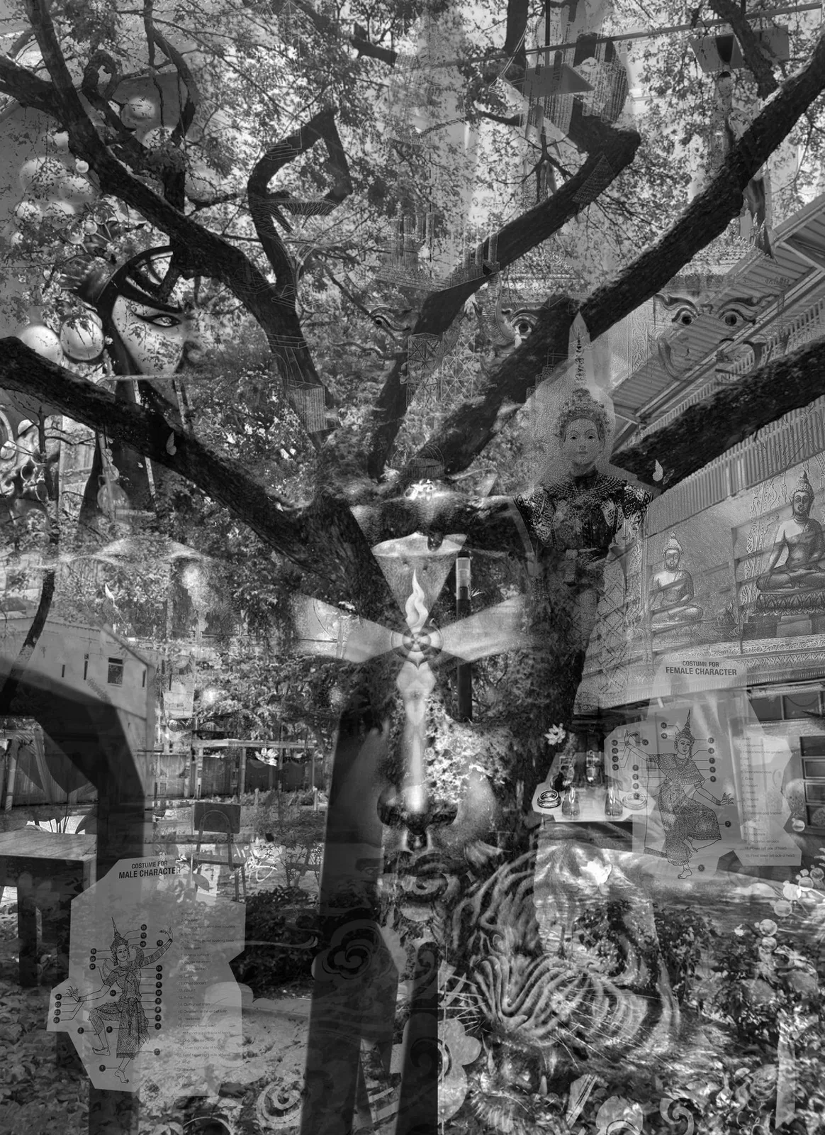 Mixed media art collage, Bangkok — B&W Edition