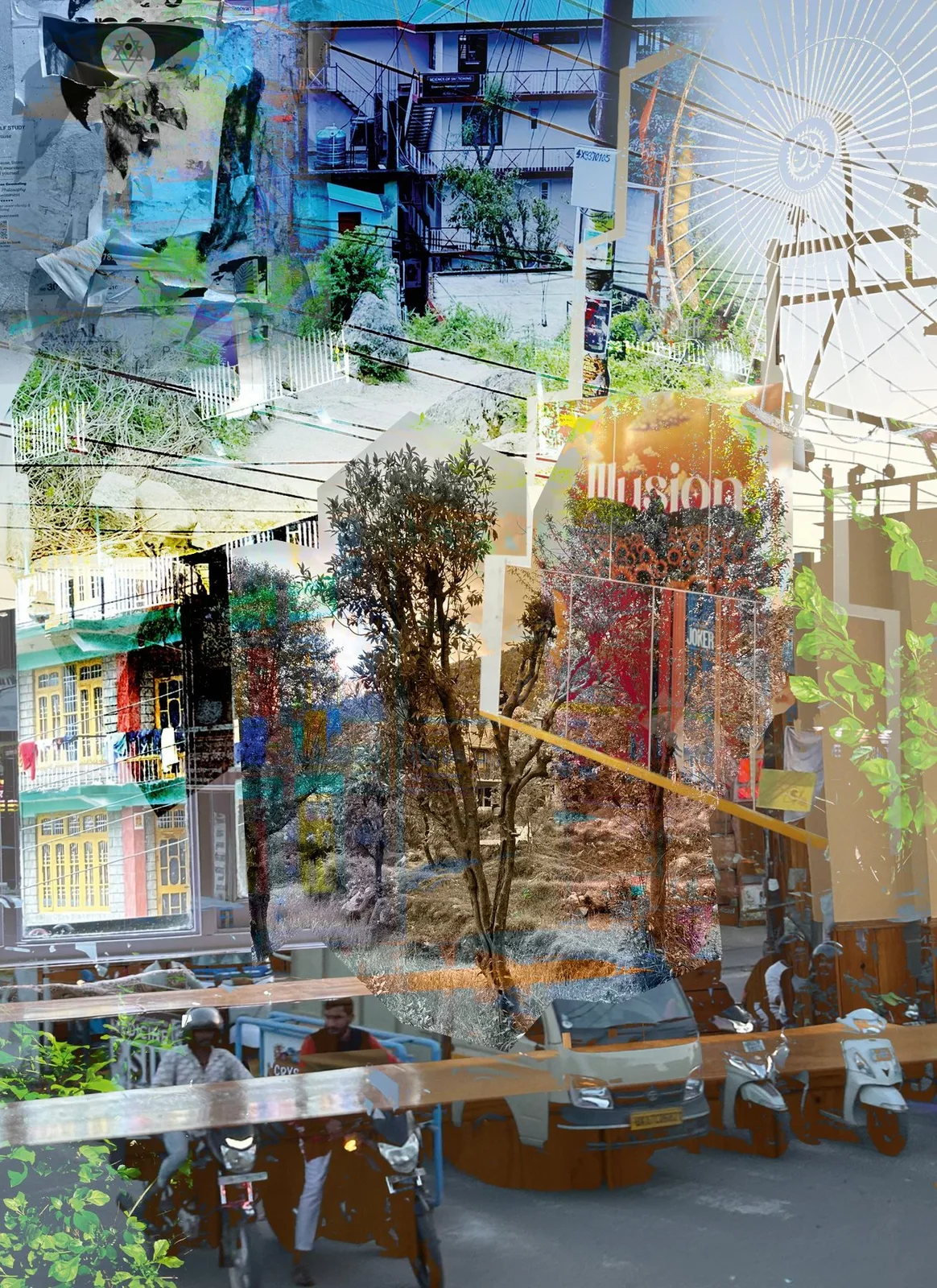 Mixed media art collage, Dharamshala, Himalayas